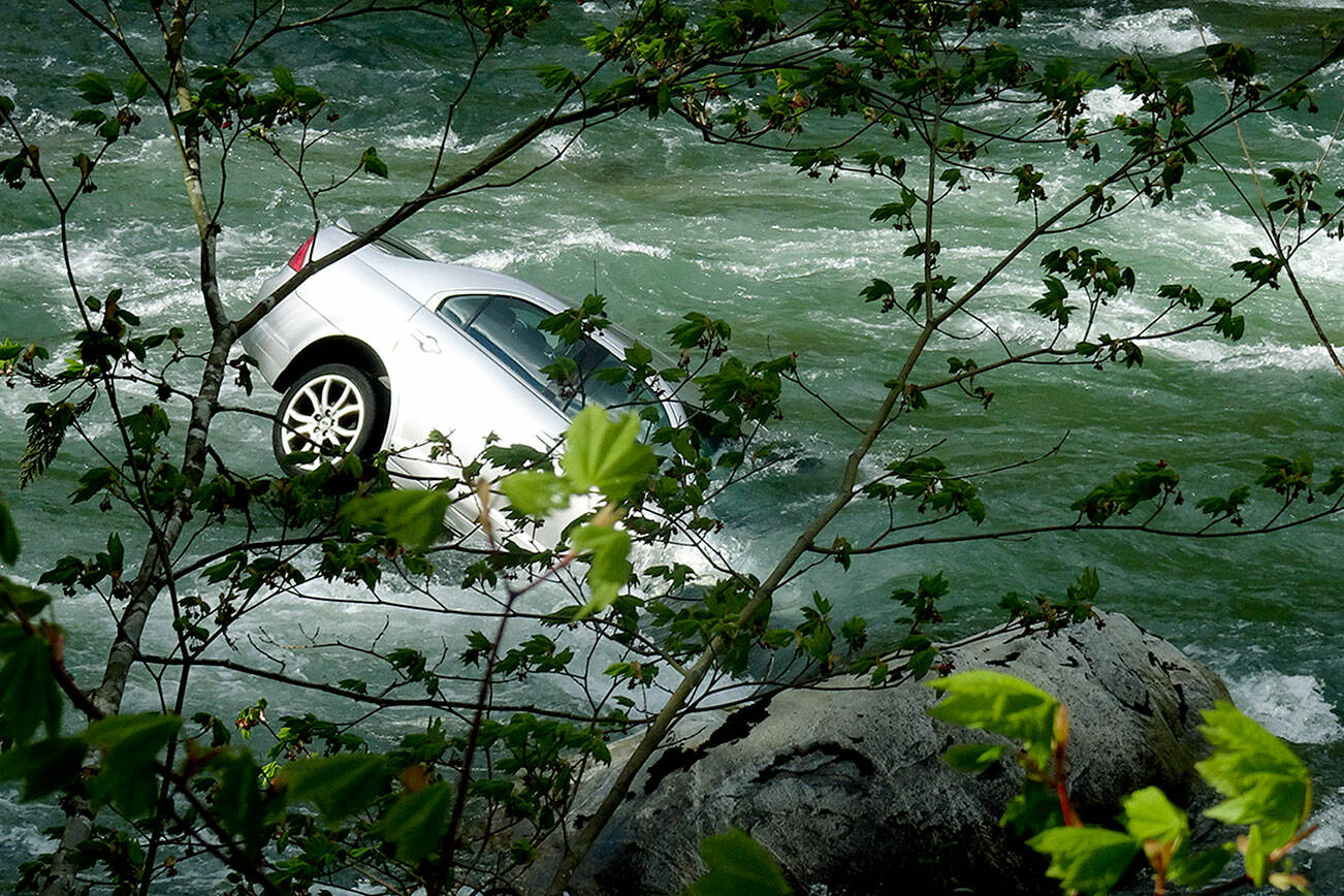 The car in the Sauk River around May 10 outside Darrington. (Contributed / Jon Allen)