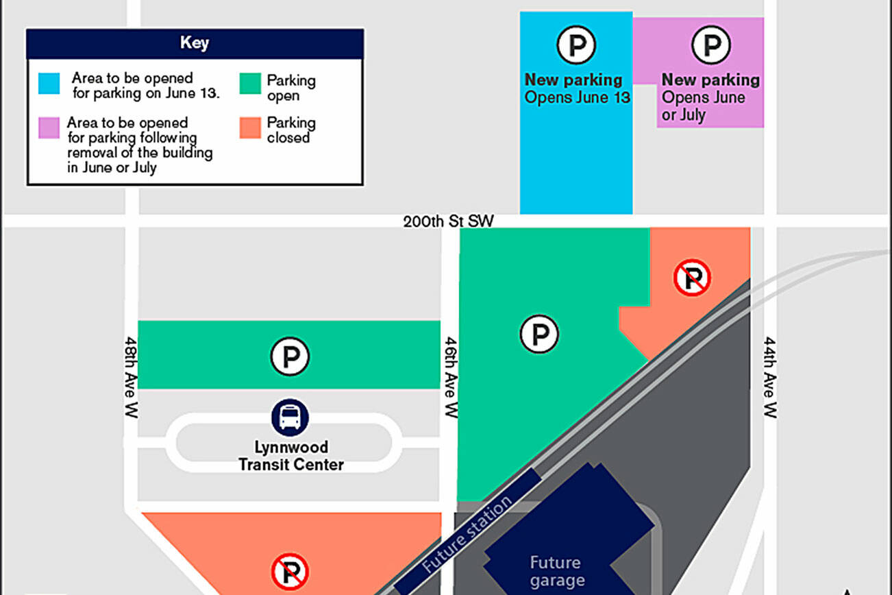 Some parking spaces at the Lynnwood Transit Center have closed and will remain so through spring 2023. New parking opened north of 200th Street SW and west of 44th Avenue W. (Sound Transit)