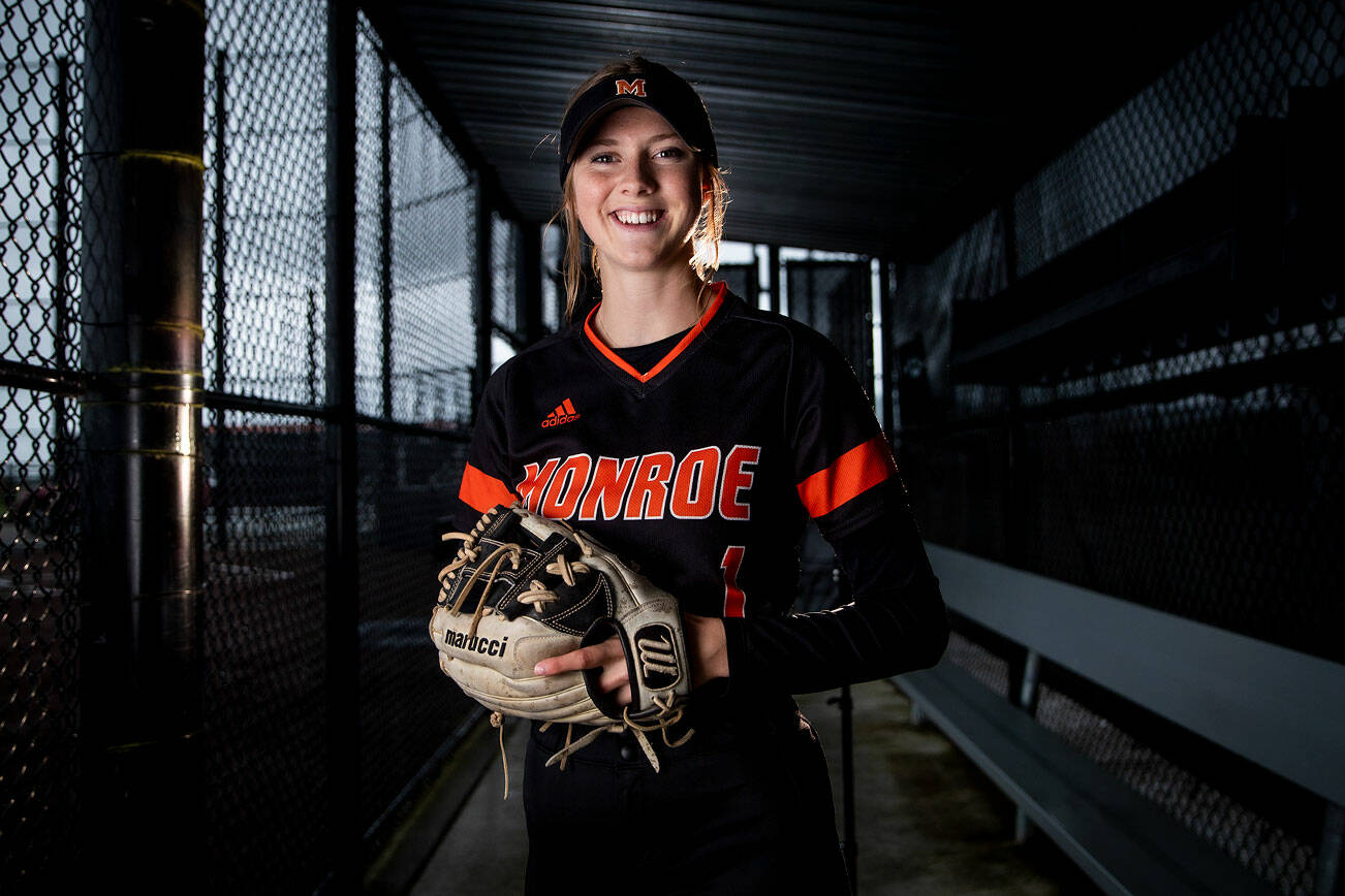 All-Area softball player of the year is Monroe shortstop River Mahler. Mahler, a Stanford University signee, excelled at the plate and in the field while leading the Bearcats to a fifth-place finish in the 3A state tournament. Photographed on June 13, 2022. (Kevin Clark / The Herald)