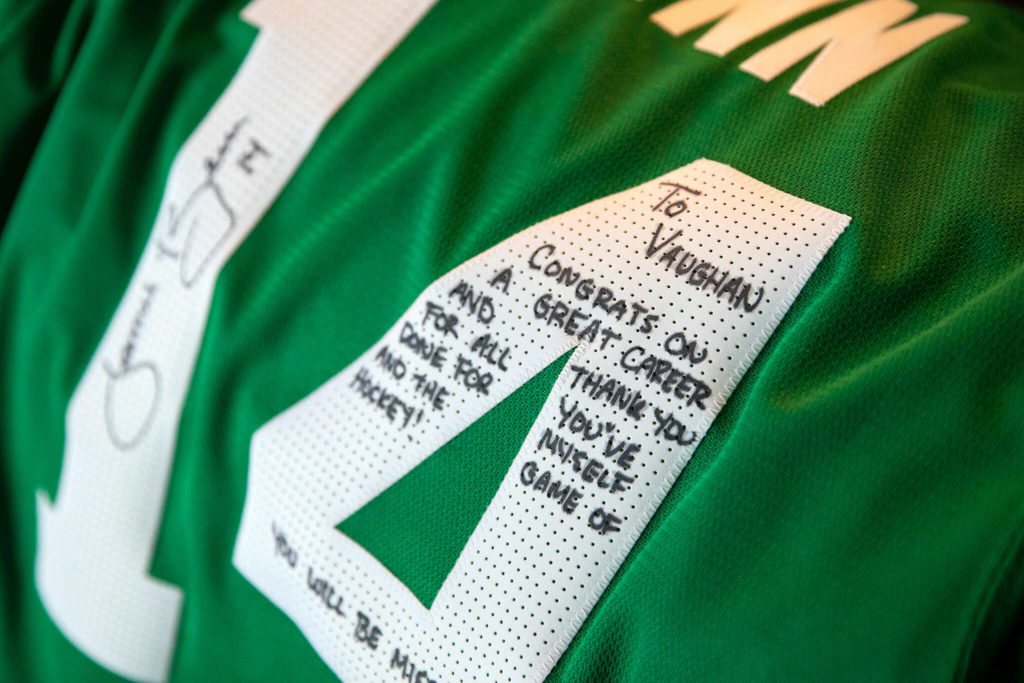 A message from Dallas Stars captain Jamie Benn is written on a jersey congratulating Vaughan Rody on his officiating career. Rody said Benn is one of the players he respected most during his career. (Ryan Berry / The Herald)
