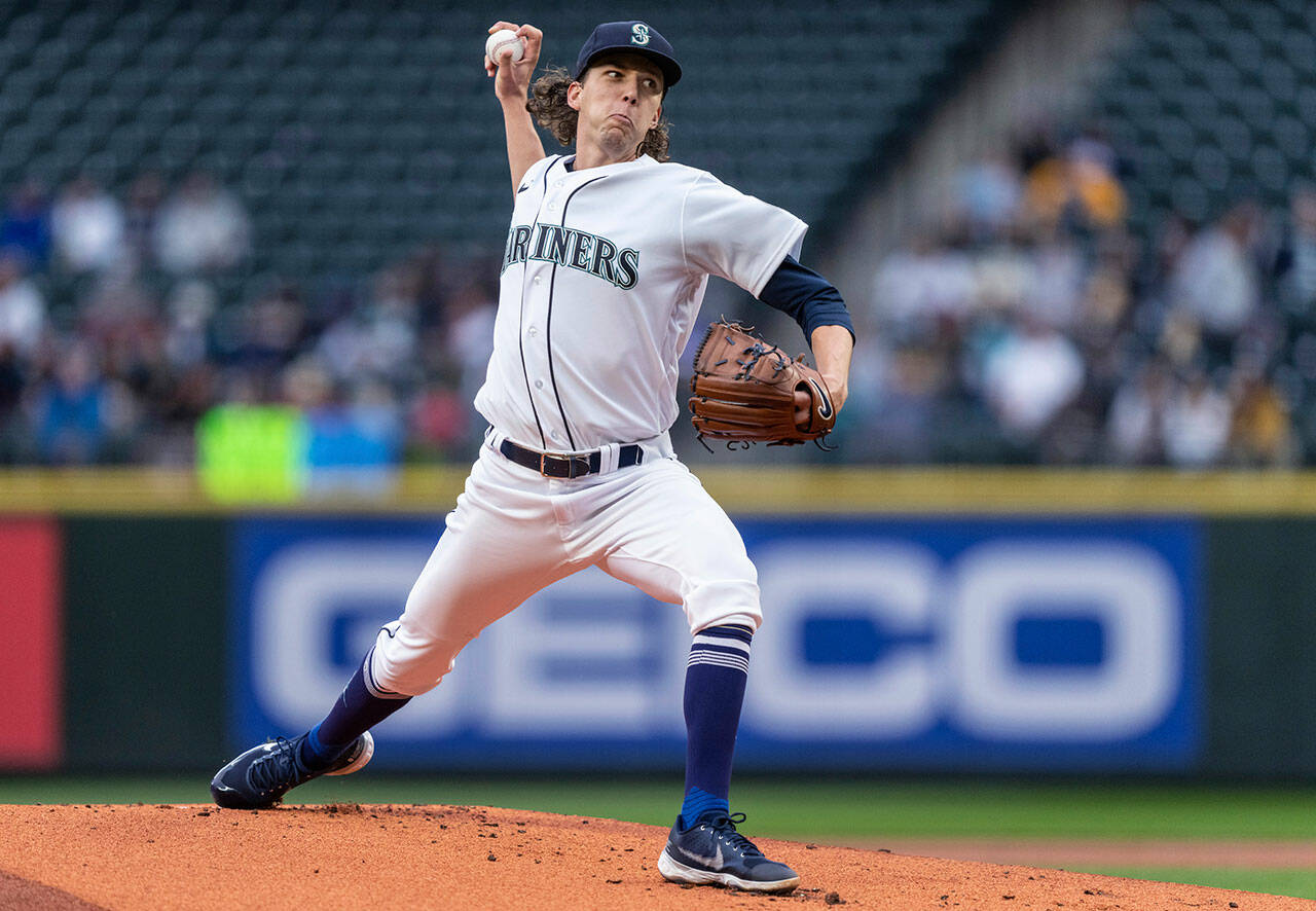 Seattle Mariners starter Logan Gilbert throws during the first inning of the team’s game against the Minnesota Twins on Tuesday in Seattle. (AP Photo/Stephen Brashear)