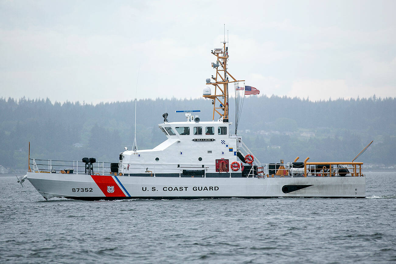 A US Coast Guard patrol boat scours the waters off the coast of Mukilteo in search of a recreational diver who went missing hours earlier on Friday, June 17, 2022, in Mukilteo, Washington. (Ryan Berry / The Herald)