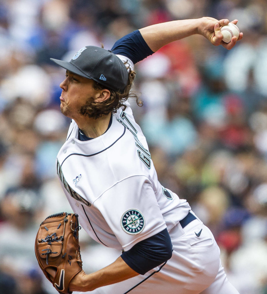 Mariners’ Logan Gilbert pitches during the game against the Angels on Sunday, June 19, 2022 in Seattle, Washington. (Olivia Vanni / The Herald)
