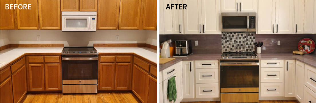 Granite Transformations’ environmentally friendly engineered stone countertop and backsplash in Pietra del Cardoso adds a modern look to this kitchen, formerly featuring oak cabinets and white tile counters.