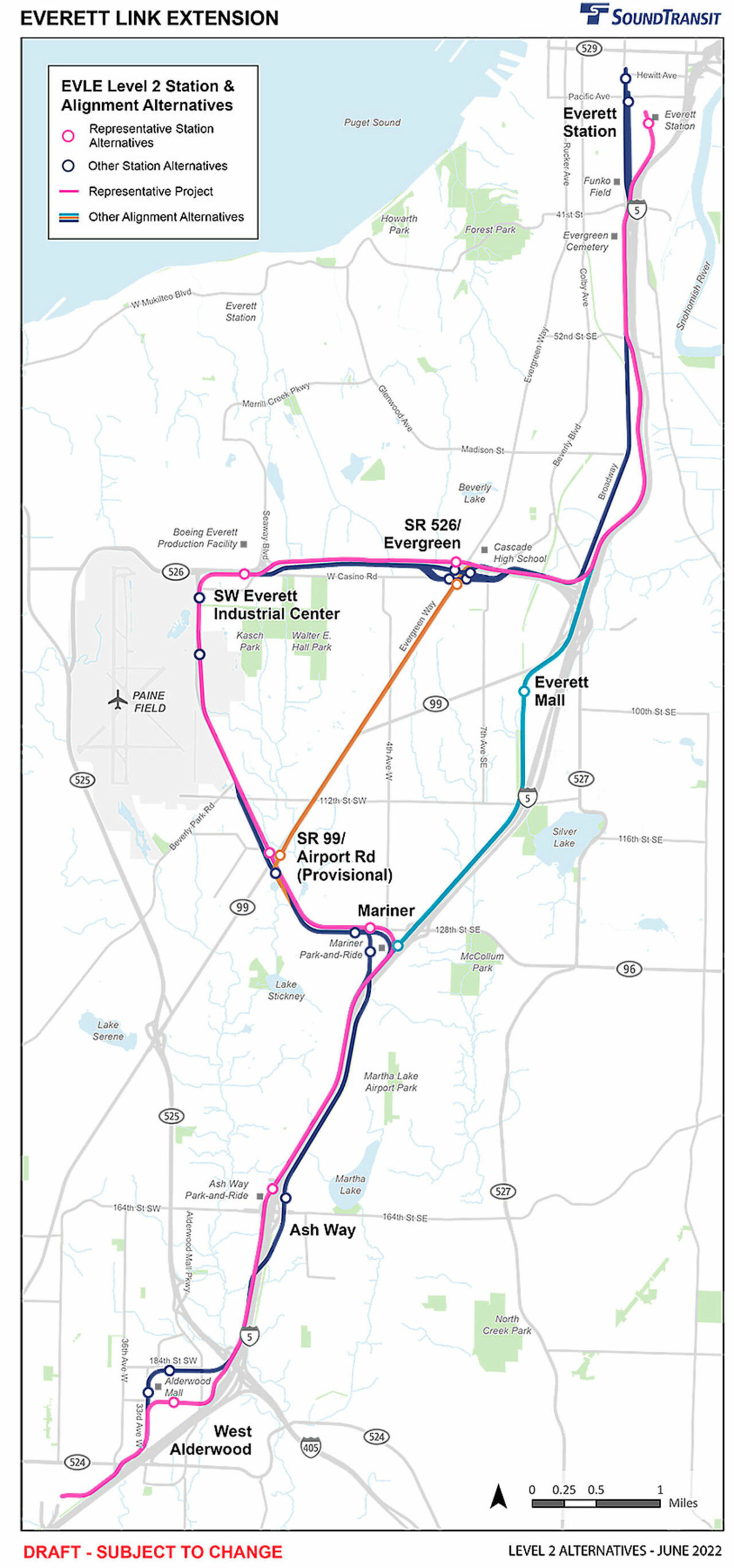 Staff are evaluating two more light rail alternatives for the Everett Link extension. One would follow Interstate 5 north of 128th Street SW to the Everett Mall and back to the freeway. Another would go west of 128th Street SW to Highway 99 and north to Casino Road. (Sound Transit)