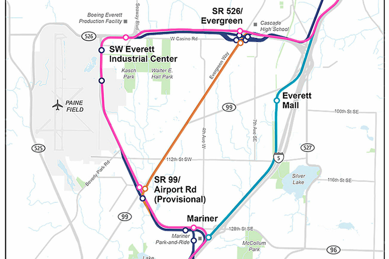 Staff are evaluating two more light rail alternatives for the Everett Link extension. One would follow Interstate 5 north of 128th Street SW to the Everett Mall and back to the freeway. Another would go west of 128th Street SW to Highway 99 and north to Casino Road. (Sound Transit)