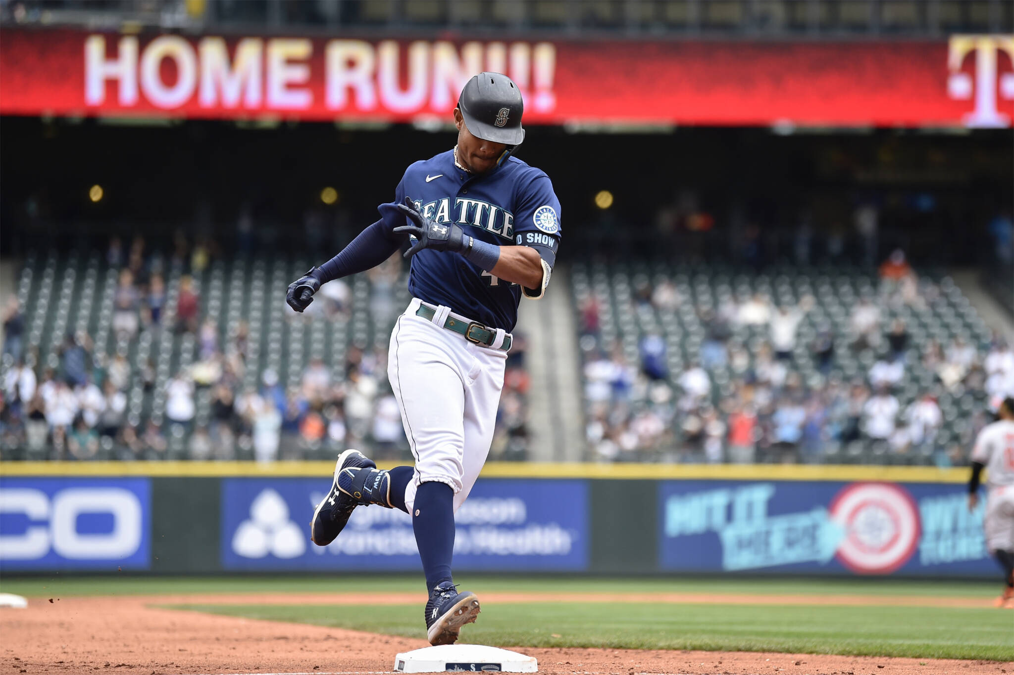The Mariners’ Julio Rodriguez rounds the bases after hitting a two-run home run against the Orioles during a game Wednesday in Seattle. (AP Photo/Caean Couto)