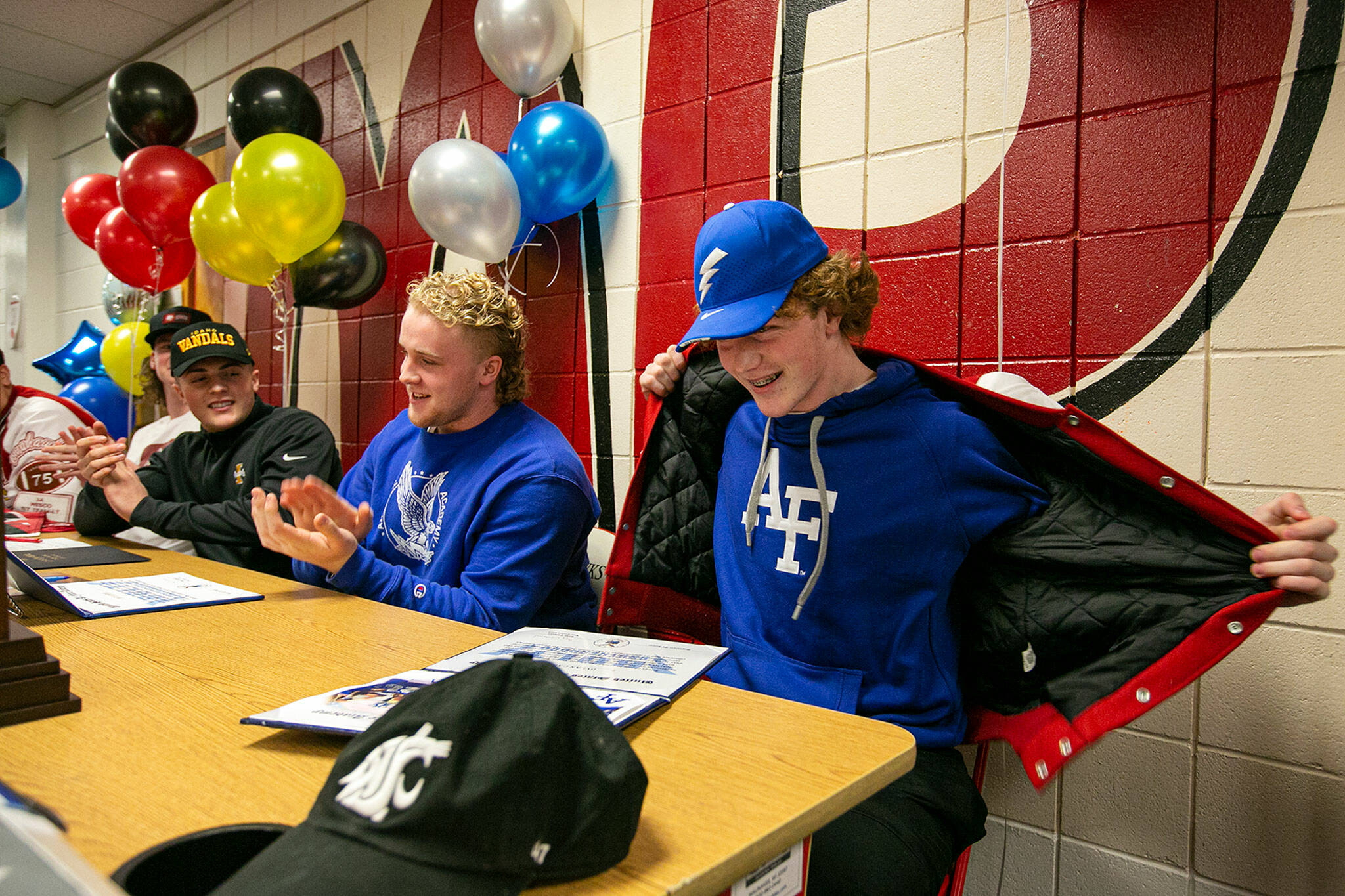 Dylan Carson announces his commitment to Air Force during National Signing Day on Feb. 2, 2022, at Marysville Pilchuck High School in Marysville. (Ryan Berry / The Herald)