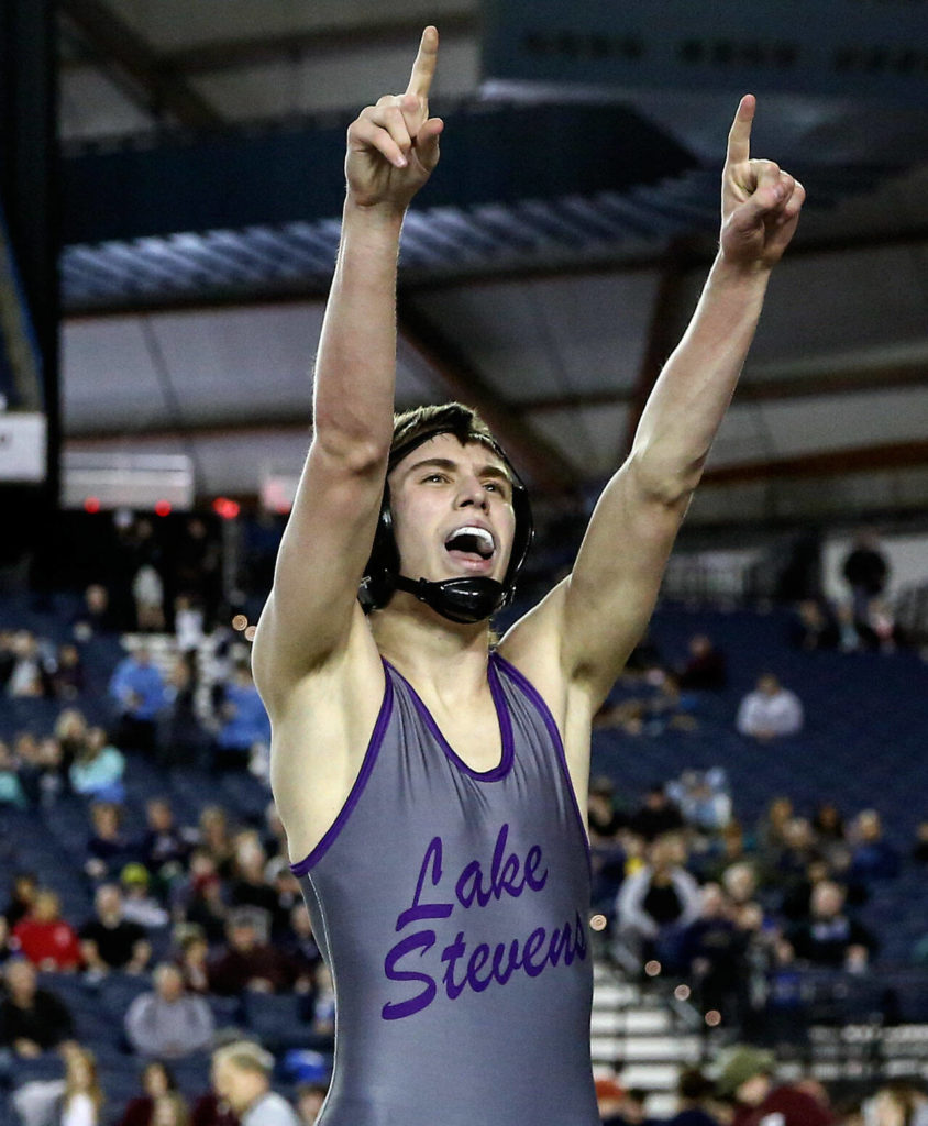 Lake Stevens’ Tyler Fouts celebrates his second round win at Mat Classic XXXII on Feb. 21, 2020, at the Tacoma Dome. (Kevin Clark / The Herald)
