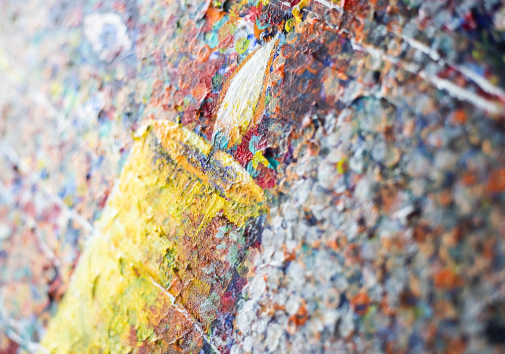 A detail of Oskar’s painting “Tolerance,” featured on his album with the song “World For Peace.” (Olivia Vanni / The Herald)
