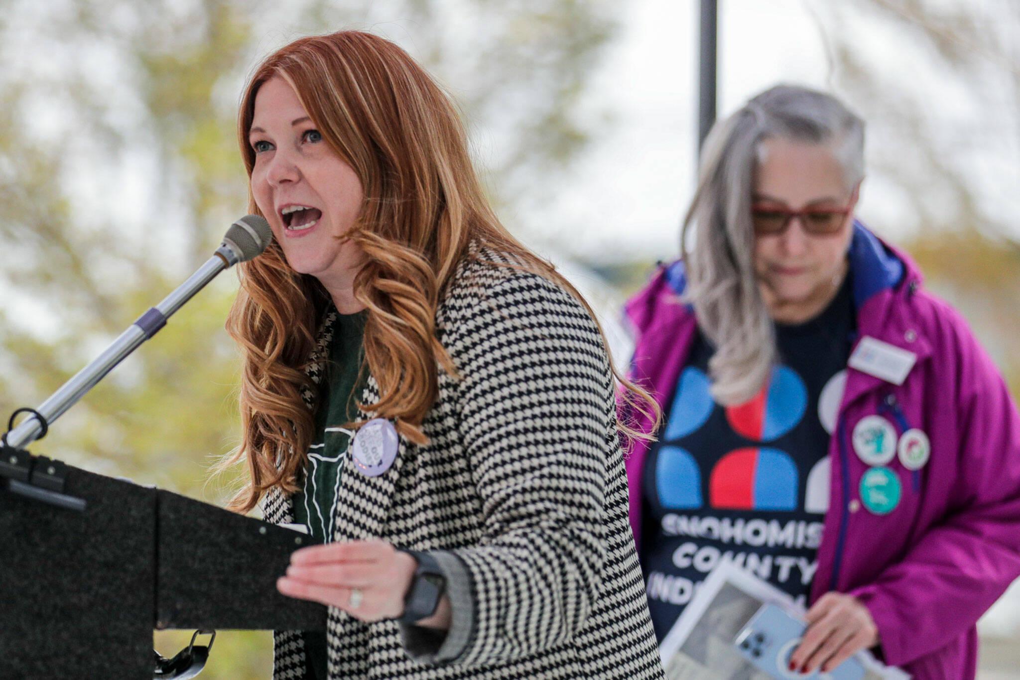 Rep. Emily Wicks addresses the gathering during the abortion rights rally at the Snohomish County Courthouse Plaza in Everett, on May 3. (Kevin Clark / The Herald)