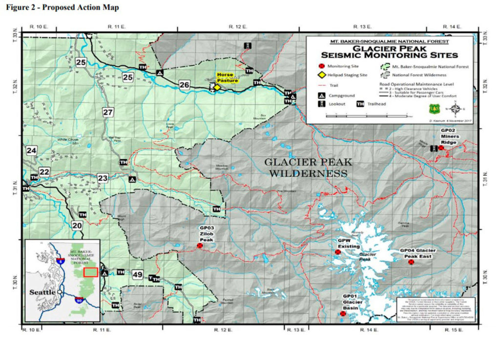 A map from the July 2018 draft environmental assessment shows proposed locations for new volcano monitoring stations for Glacier Peak. (U.S. Forest Service)
