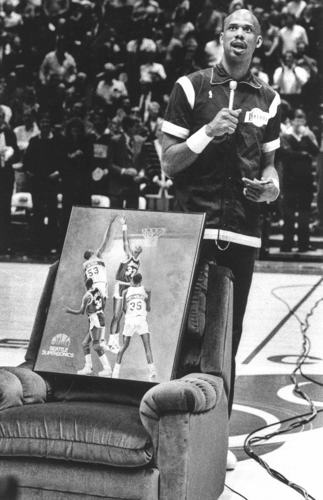 NBA legend Kareem Abdul-Jabbar in Seattle during his farewell tour. (Drew Perine / The Herald)
