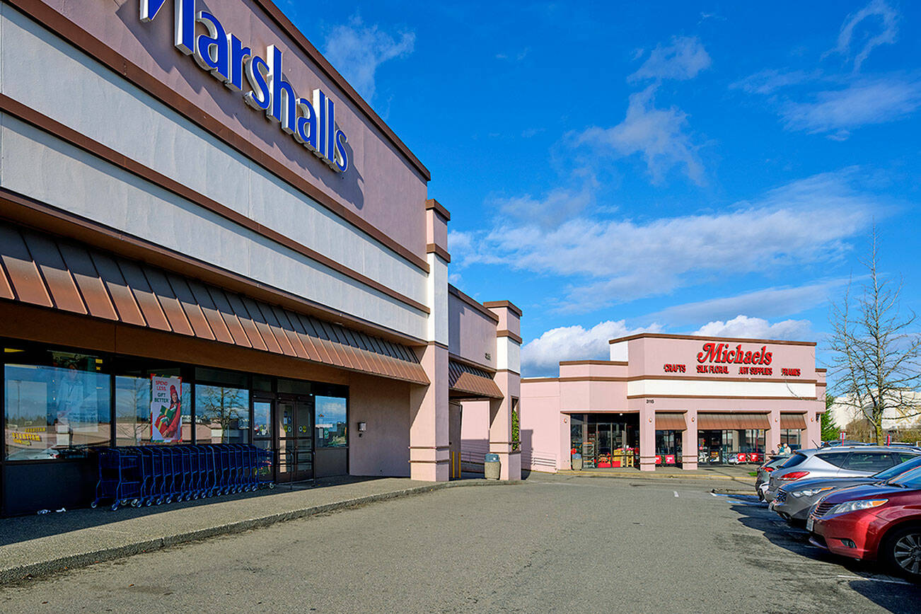 The Alderwood Towne Center, a 105,000 square-foot strip mall, is located at 3105-3225 Alderwood Mall Blvd. The mall, which has been sold, is home to 20 businesses, including anchor tenants Marshalls and Michaels. Photo Credit: CBRE Group.