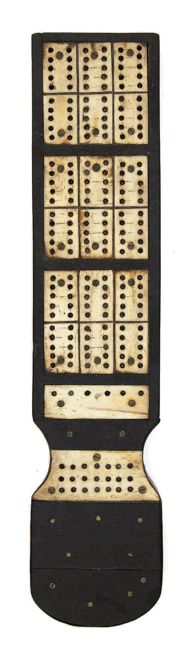 Cribbage is a centuries-old travel game. In the 19th century, sailors on whaling ships made and used boards like this one to pass the time on long voyages.