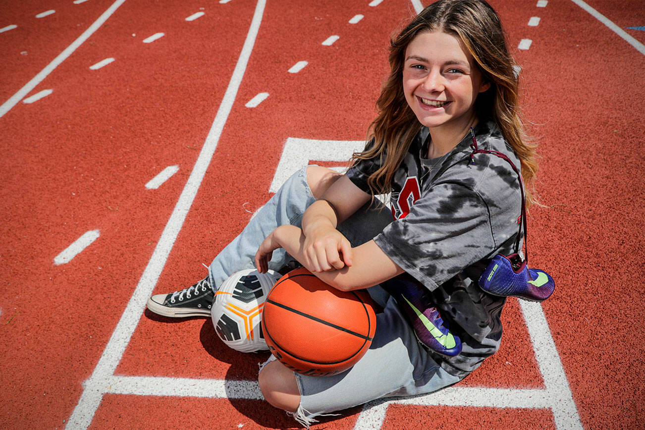 Snohomish’s Cheyenne Rodgers is a talented three-sport athlete who played a key role in the success of the Panthers' soccer, basketball and track relay teams this year. Photographed in Snohomish, Washington on July 7, 2022. (Kevin Clark / The Herald)