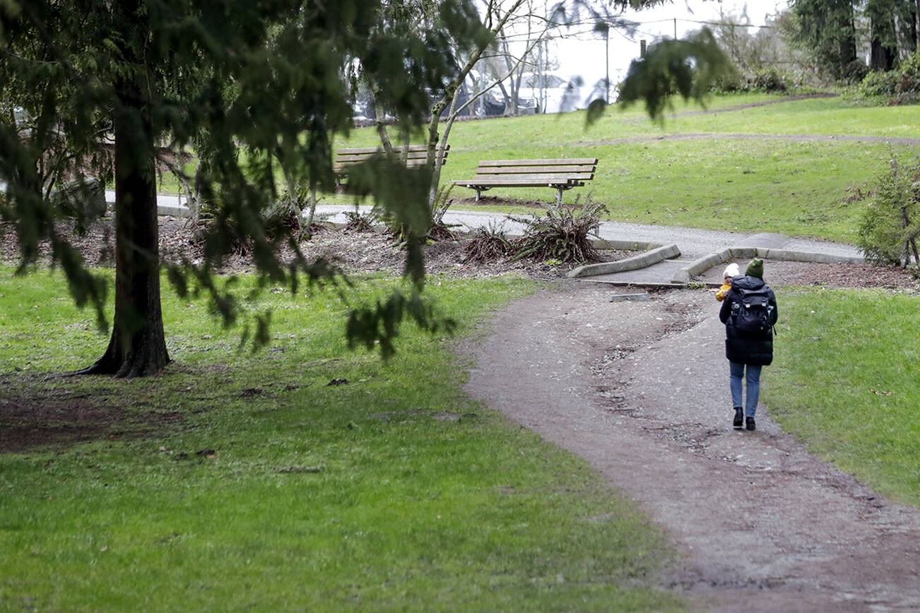 A drainage path at Thornton A. Sullivan Park on Silver Lake Monday afternoon in Everett, Washington on March 21, 2022. (Kevin Clark / The Herald)