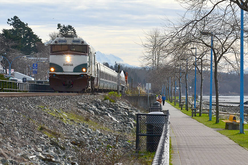 An Amtrak train rolls westbound along the White Rock, B.C. waterfront. File photo