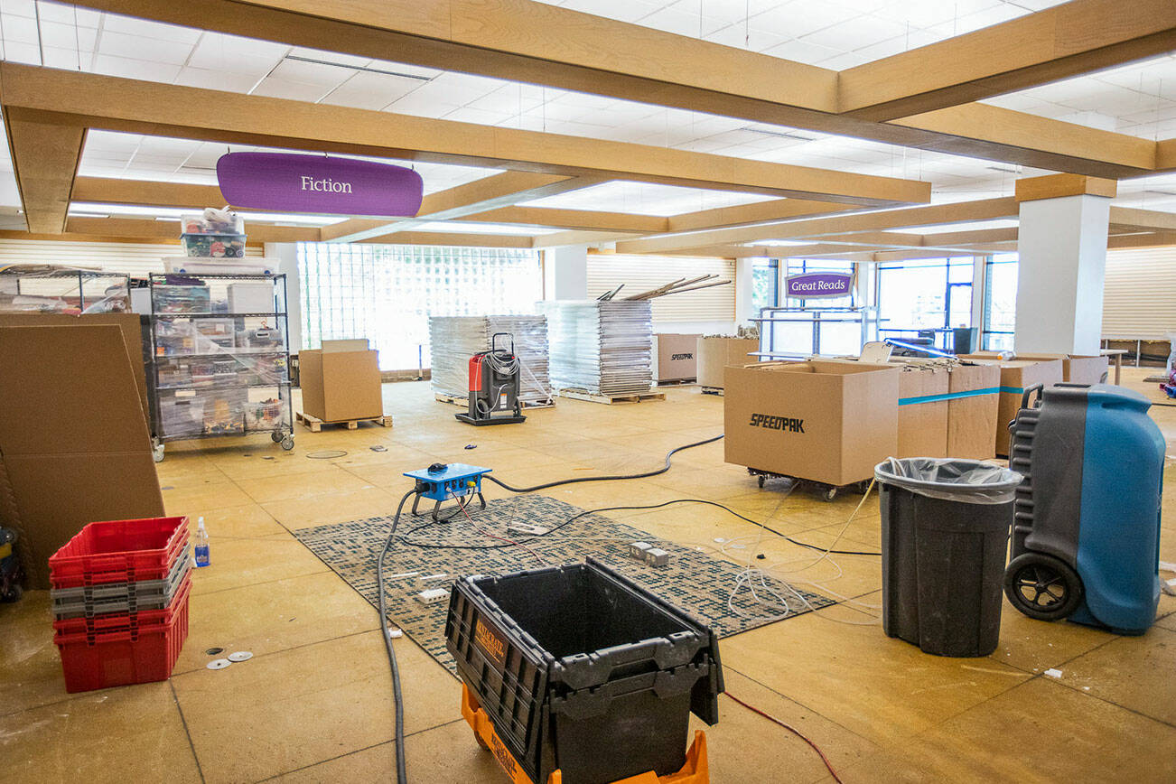 Inside the Edmonds Library that is currently under renovation after water damage from a burst pipe on Friday, July 15, 2022 in Edmonds, Washington. (Olivia Vanni / The Herald)