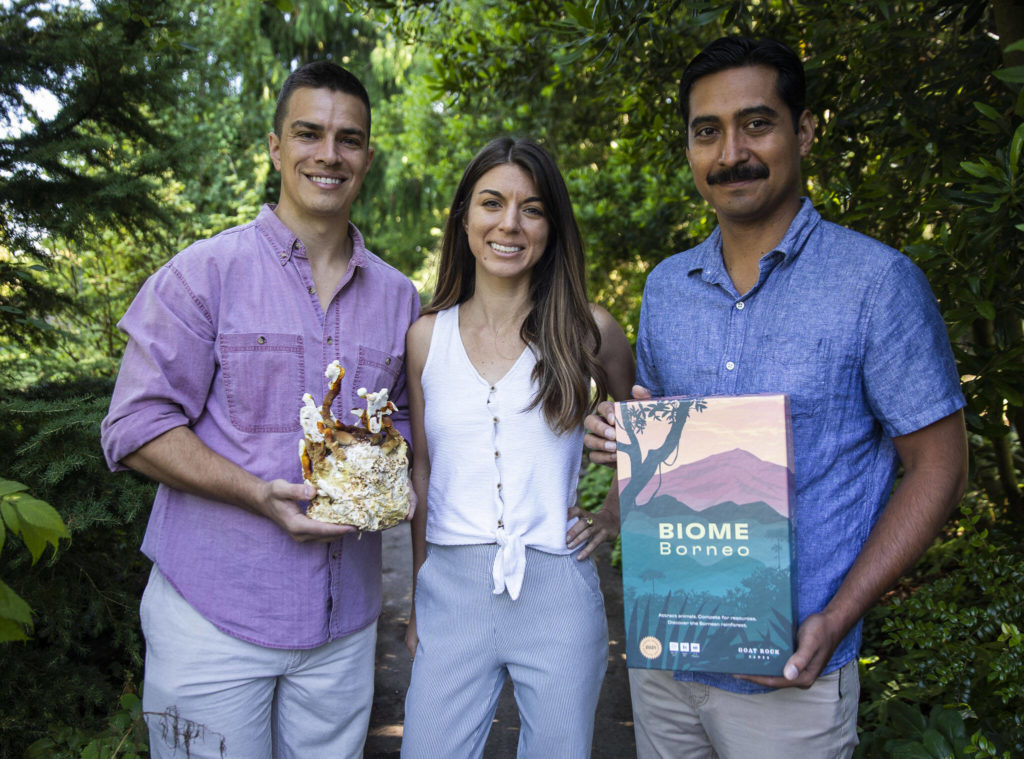 Justin Hylarides, Ciara Hylarides and David Pulido, the creators of Biome Borneo on July 21 in Everett. (Olivia Vanni / The Herald) 
