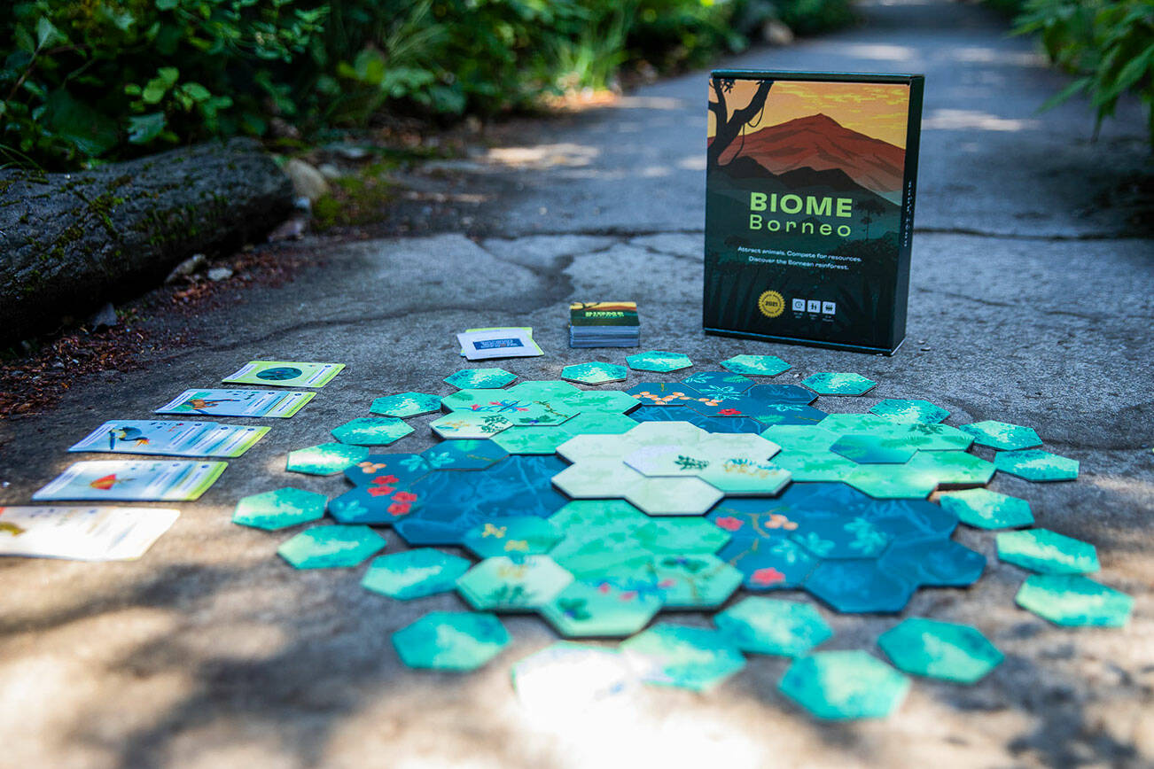 Biome Borneo, a conservation themed board game made out of shrooms and fishing net. (Olivia Vanni / The Herald)