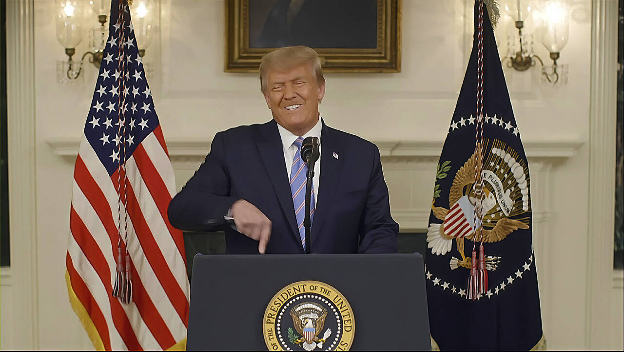 This exhibit from video released by the House Select Committee, shows then-President Donald Trump recording a video statement at the White House on Jan. 7, 2021, which was played at a hearing by the committee investigating the Jan. 6 attack on the U.S. Capitol, Thursday on Capitol Hill in Washington, D.C. (House Select Committee via Associated Press)