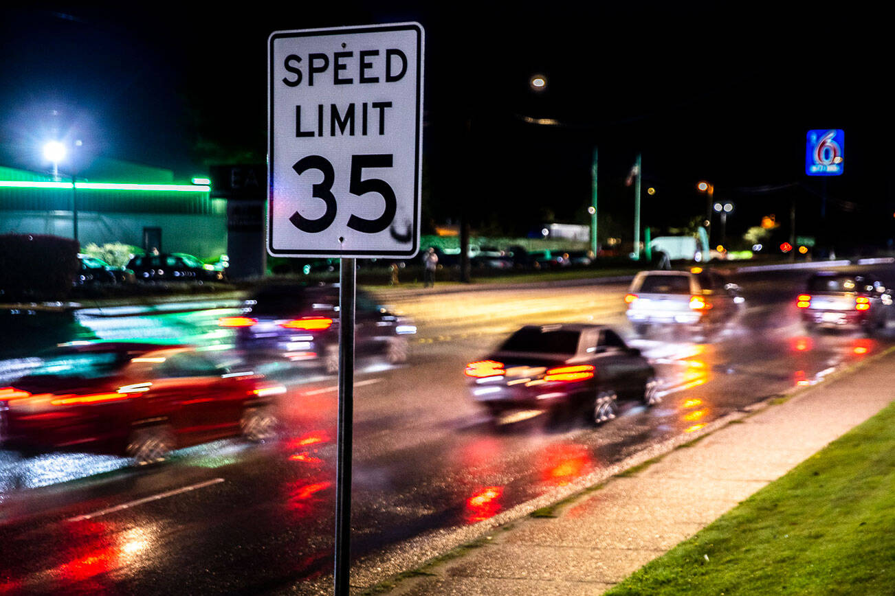 In this April 10 photo, drivers head northbound on Highway 99, near the intersection of Evergreen Way and 112th Street where a motorcyclist was fatally struck by a motorist Friday. (Olivia Vanni / Herald file)