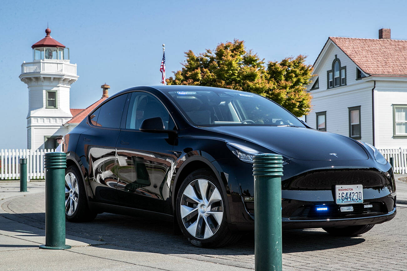 The new Mukilteo Police Department’s traffic Tesla, in Mukilteo, Washington on July 28, 2022. (Kevin Clark / The Herald)