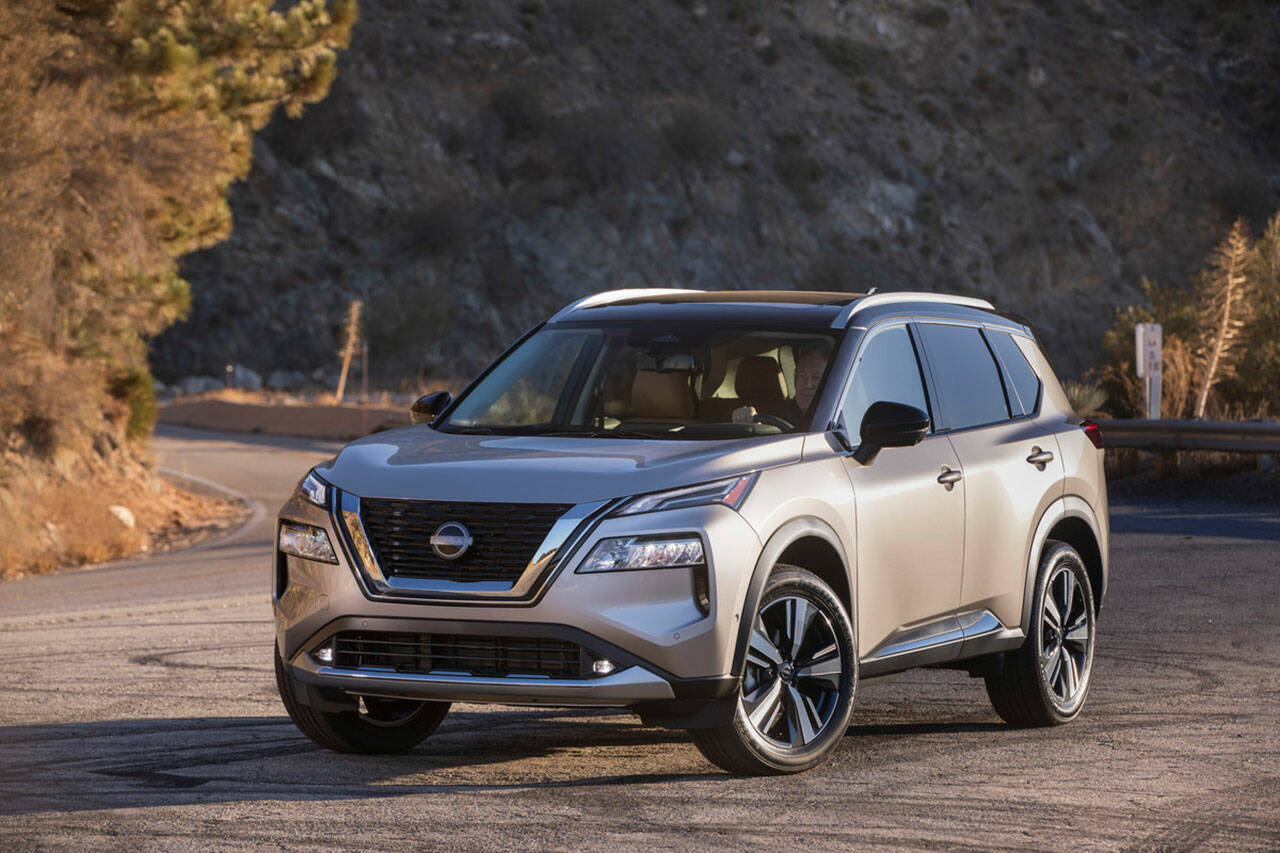 The 2022 Nissan Rogue runs with a new three-cylinder engine paired with a revised CVT automatic transmission. Nissan.