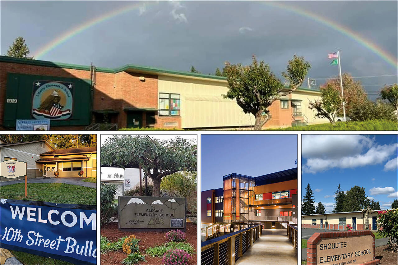 Liberty Elementary (top) and (bottom, L-R) 10th Street Middle, Cascade Elementary, Marysville-Getchell High and Shoultes Elementary schools. (Marysville School District)