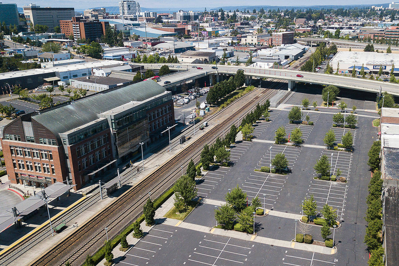 A view of the proposed alternative station location to Everett Station located east of the current BNSF rail tracks in downtown. (Olivia Vanni / The Herald)