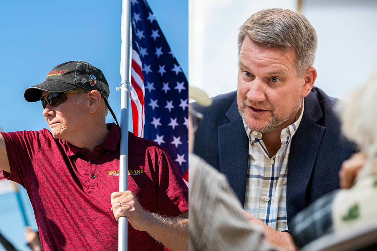 State Representative Robert Sutherland, left, gives a thumbs-up to passing drivers as he and a few volunteers wave flags and campaign signs along the side of State Route 9 on July 22, in Lake Stevens. Sam Low, right, talks with seniors on July 20 in Lake Stevens. (Sutherland photo by Ryan Berry / The Herald, Low photo by Kevin Clark / The Herald)