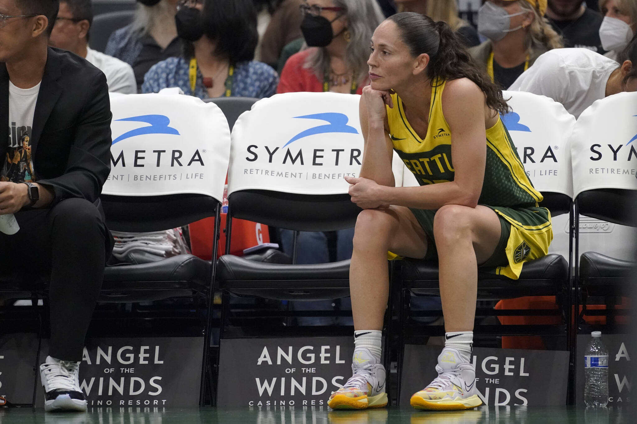 Seattle Storm guard Sue Bird sits on the bench during a WNBA basketball game against the Minnesota Lynx, Wednesday, Aug. 3, 2022, in Seattle. Bird is retiring at the end of the 2022 season. (AP Photo/Ted S. Warren)