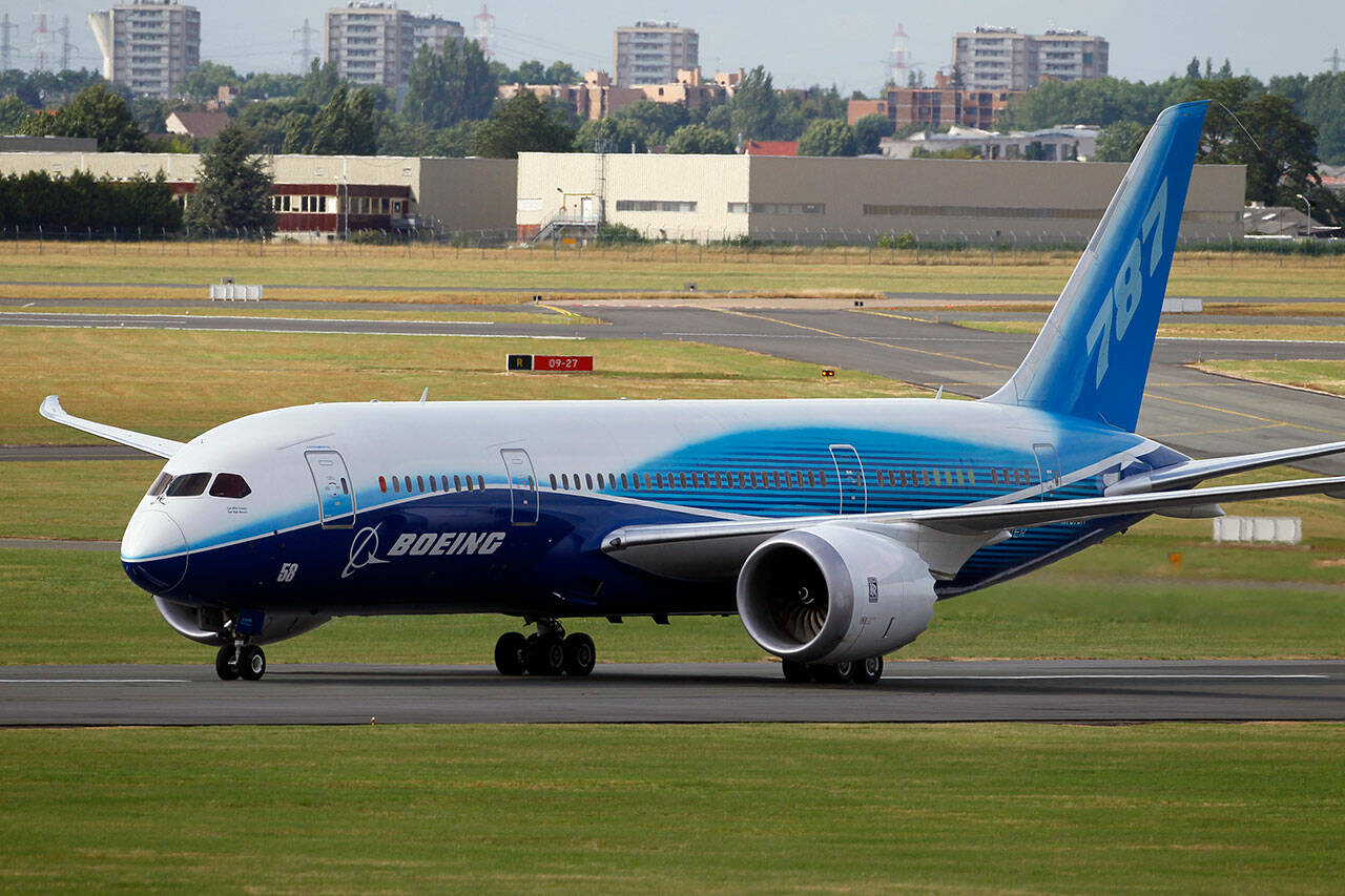 The Boeing 787 Dreamliner after its landing at Le Bourget airport, east of Paris, upon its presentation for the first time at the 49th Paris Air Show at the airport, Tuesday June 21, 2011. (AP Photo / Francois Mori, File)