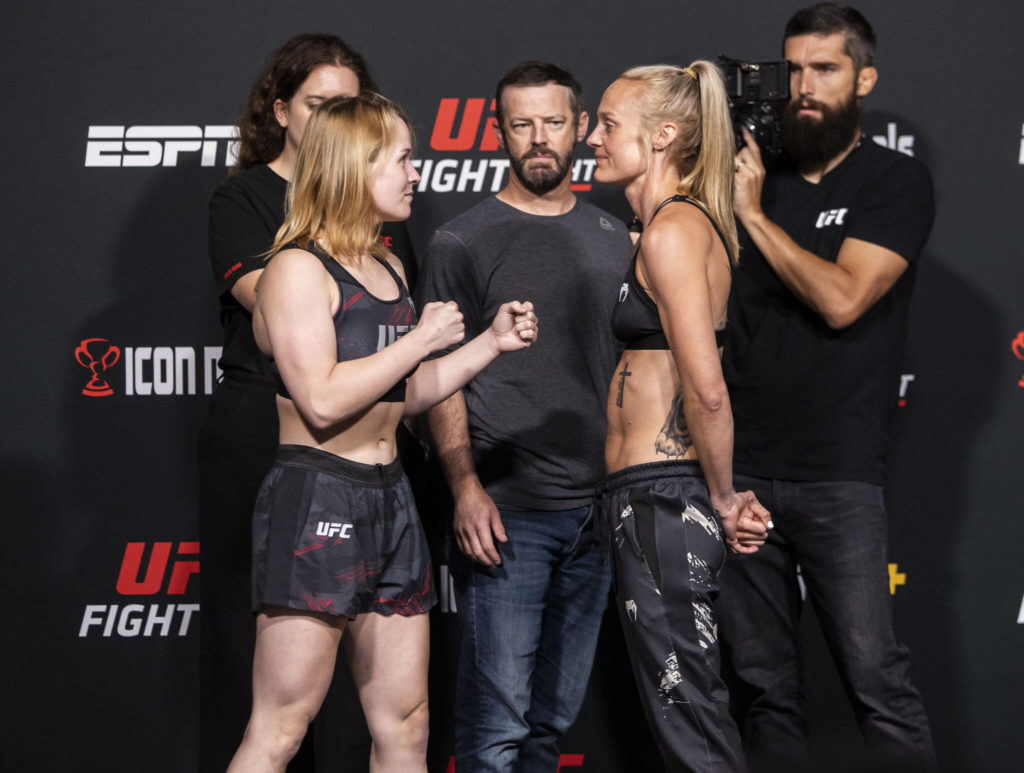 Miranda Granger faces off with opponent Cory McKenna after weigh-ins at the UFC Apex on Friday, Aug. 5, 2022, in Las Vegas. (Olivia Vanni / The Herald)
