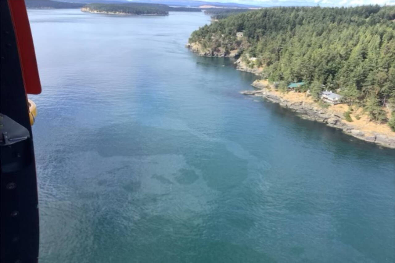 The Saturday, Aug. 13, 2022, aerial photo released by the U.S. Coast Guard shows a diesel spill off the west coast of Washington state's San Juan Island after a 49-foot (15-meter) fishing vessel sank with an estimated 2,600 gallons (9,854 liters) of fuel on board. A Good Samaritan rescued all five crew members on the Aleutian Isle as the vessel was sinking near Sunset Point, the Coast Guard's 13th District Pacific Northwest district in Seattle and KIRO-TV reported. (U.S. Coast Guard via AP)