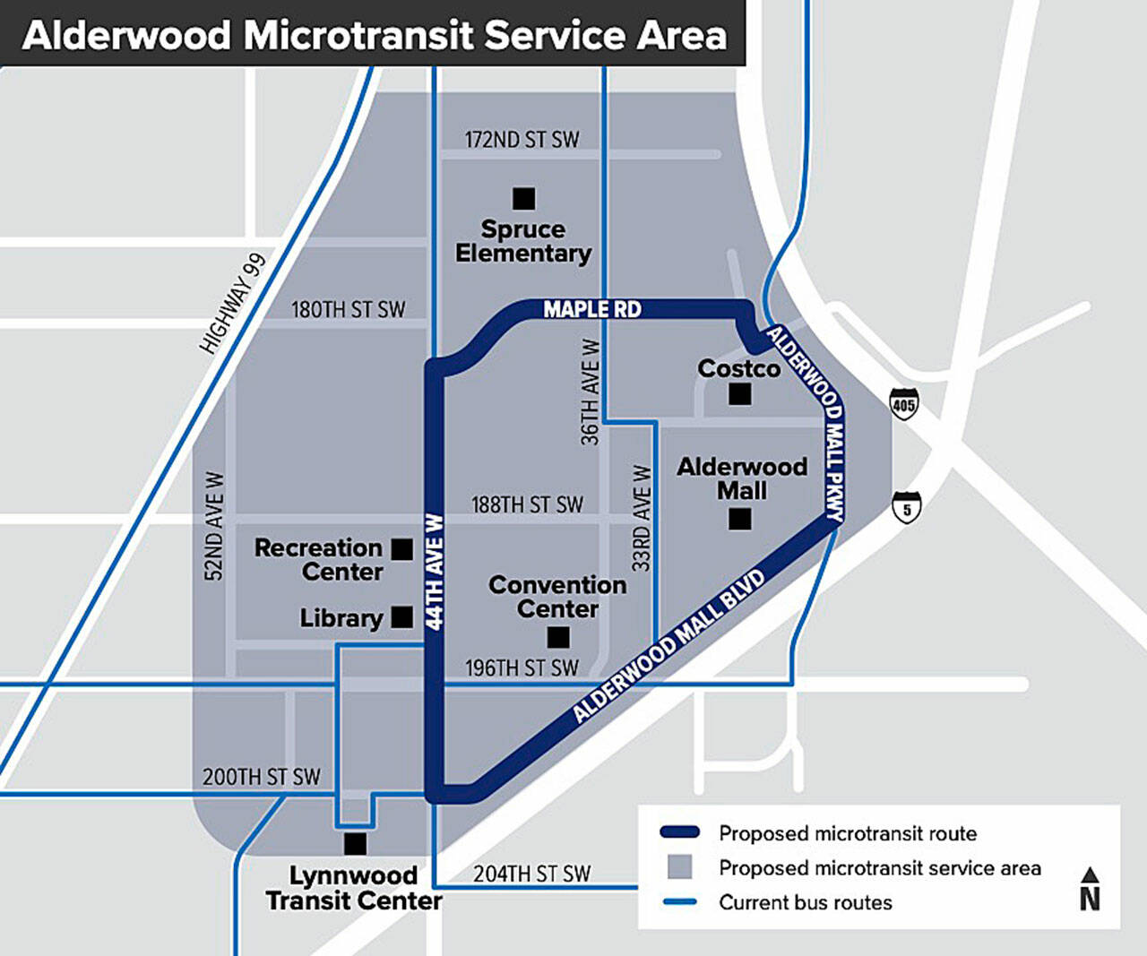 Community Transit’s Lynnwood microtransit pilot project is set to launch this fall with a service area around the Alderwood mall. (Community Transit)