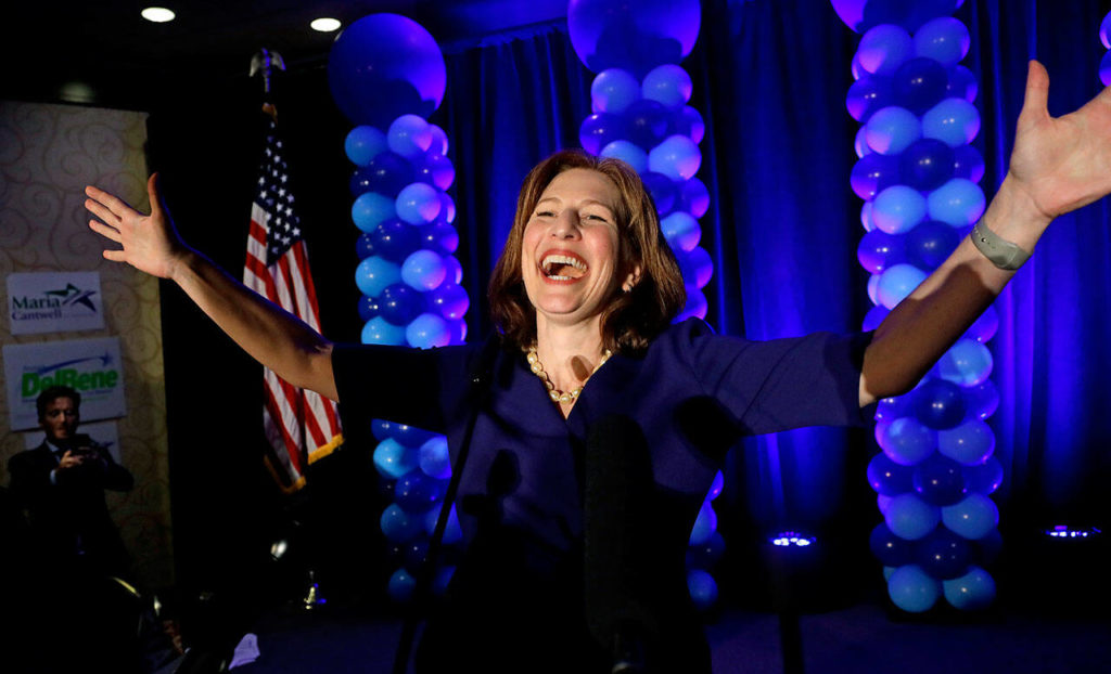 Congressional candidate Kim Schrier addresses the crowd at an election night party for Democrats Tuesday, Nov. 6, 2018, in Bellevue. (AP Photo / Elaine Thompson)
