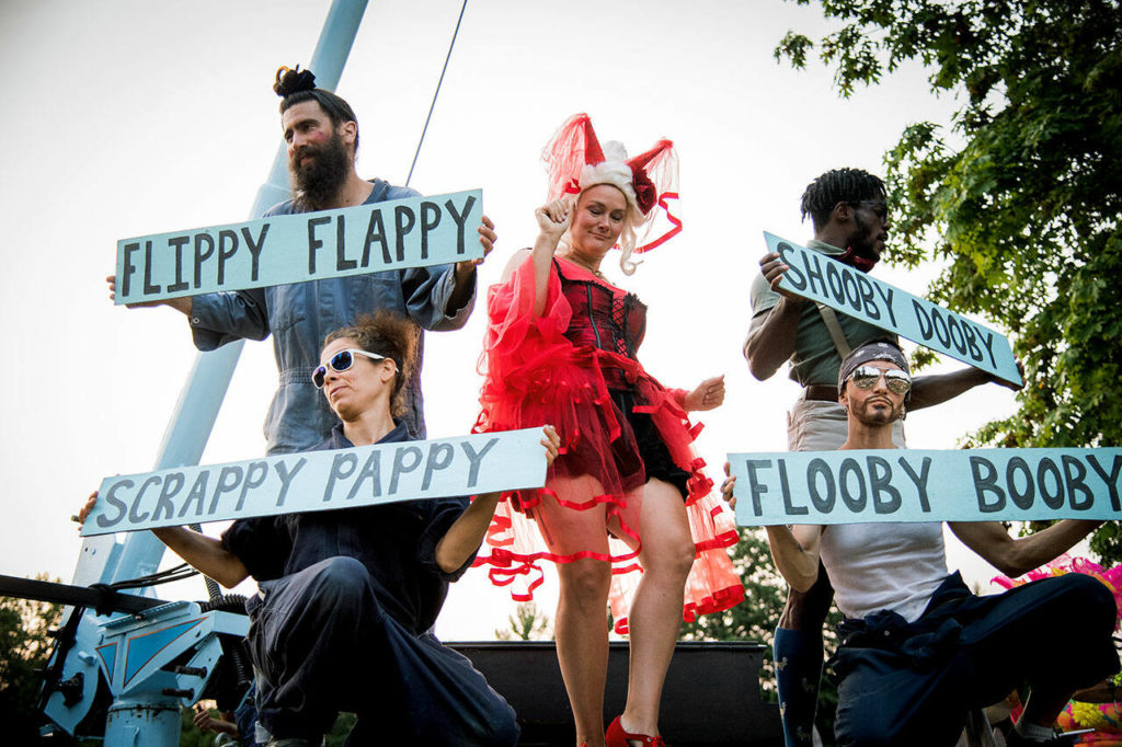 Performers with Up Up Up, a touring circus on a flatbed truck with a crane for aerial acts. (Submitted photo) 
