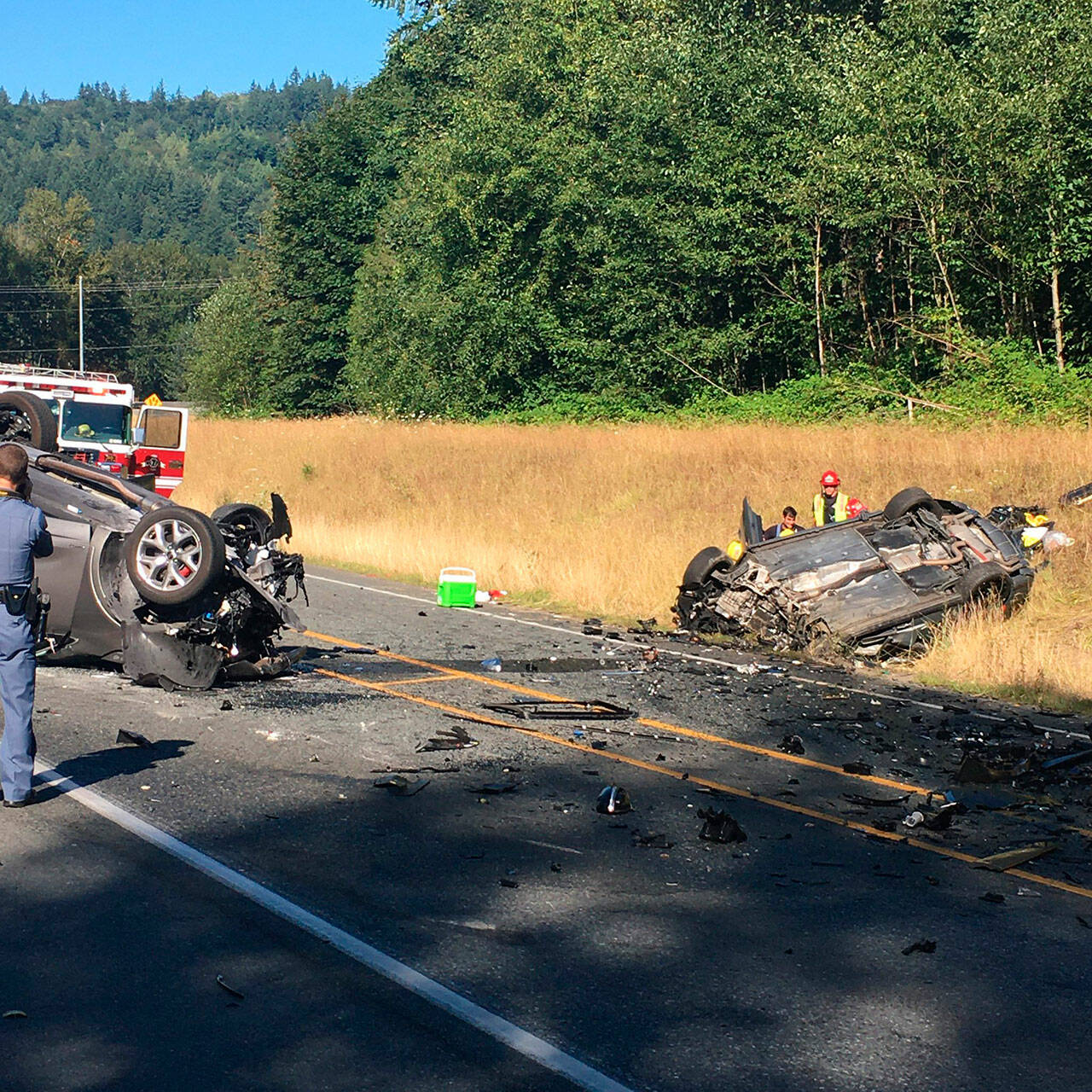 Two vehicles rolled over on Aug. 15, 2020, on Highway 522. (Snohomish County Fire District 7)