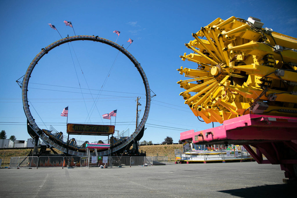 The Ring of Fire is set up as other rides are yet to be installed as the state fair approaches Monday, at the Evergreen State Fairgrounds in Monroe. (Ryan Berry / The Herald)
