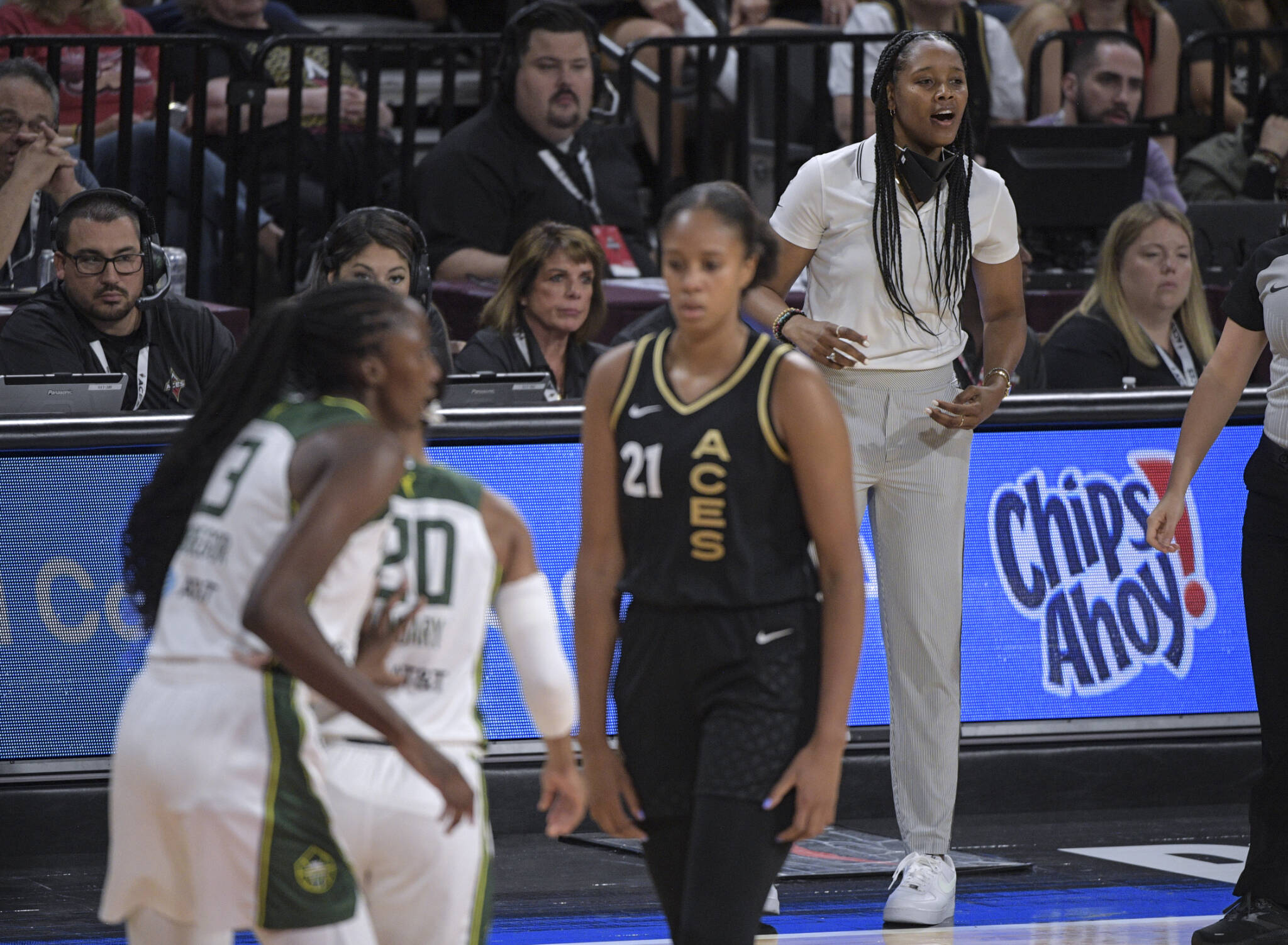 Storm head coach Noelle Quinn directs her team during the first half of a game against the Aces this past Sunday in Las Vegas. (AP Photo/Sam Morris)