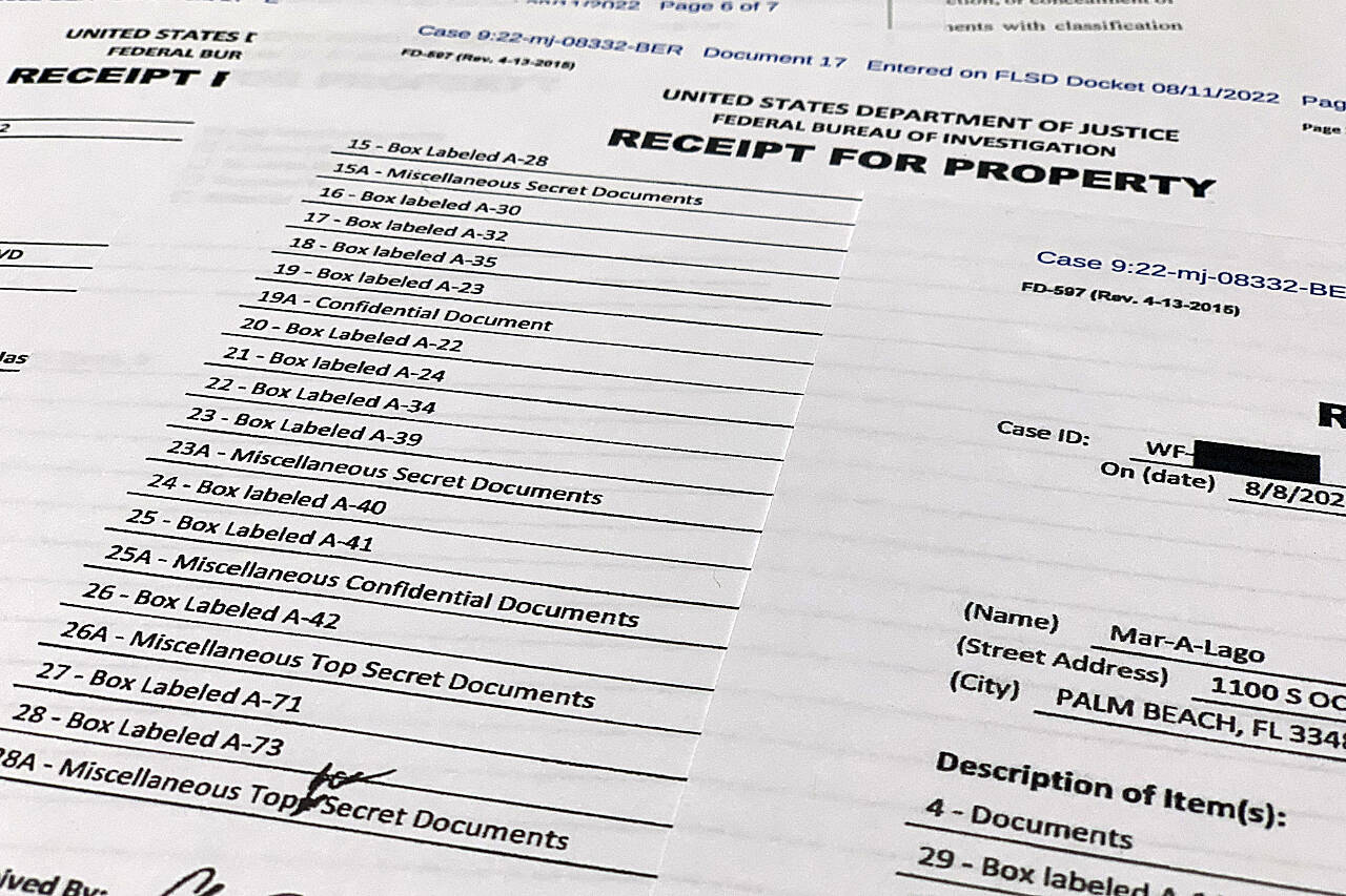 The receipt for property that was seized during the execution of a search warrant by the FBI at former President Donald Trump’s Mar-a-Lago estate in Palm Beach, Fla., is shown, Aug. 12. (Associated Press)