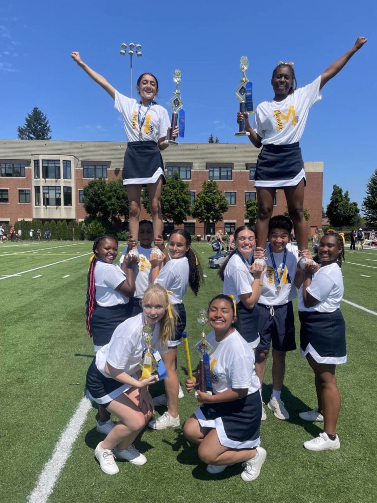 The Mariner High School cheer team. Top: Leili Nurieva, Keioria Brown. Middle row: Ja’Kyrie Wheeler, Samaria Abraham, Daniela Peinado, Lillian Chambers, John Vesin, Amira Zerahaimanot. Bottom row: Raquel Renander, Jayleen Guevara-Cruz. (Provided photo)
