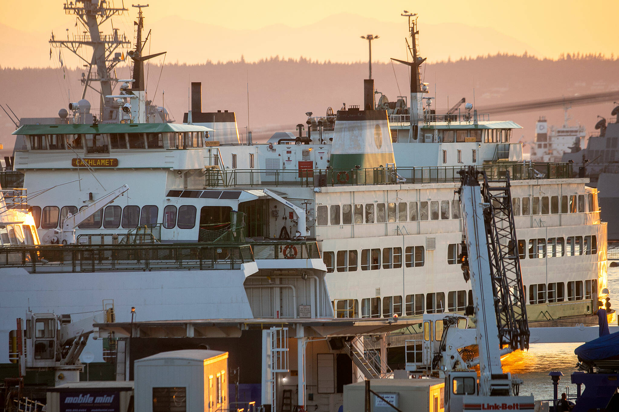 Cathlamet, the Washington State Ferry that crashed in Seattle last month, sits at the Port of Everett on Thursday, Aug. 25, 2022, in Everett, Washington. The ferry will require extensive repairs after a hard landing crumpled one corner of the boat at the Fauntleroy dock on July 28. (Ryan Berry / The Herald)
