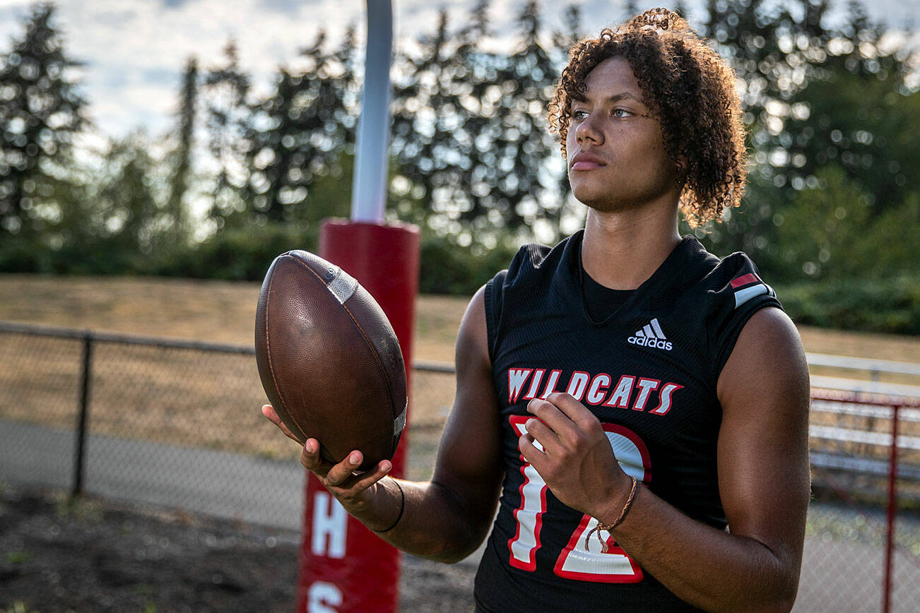 Kai Lewis, Archbishop Murphy quarterback, returns this season after suffering a broken leg in Week 2 of last year. Lewis had just won the starting quarterback job before his injury. Photographed in Everett, Washington on August 31, 2022.  (Kevin Clark / The Herald)