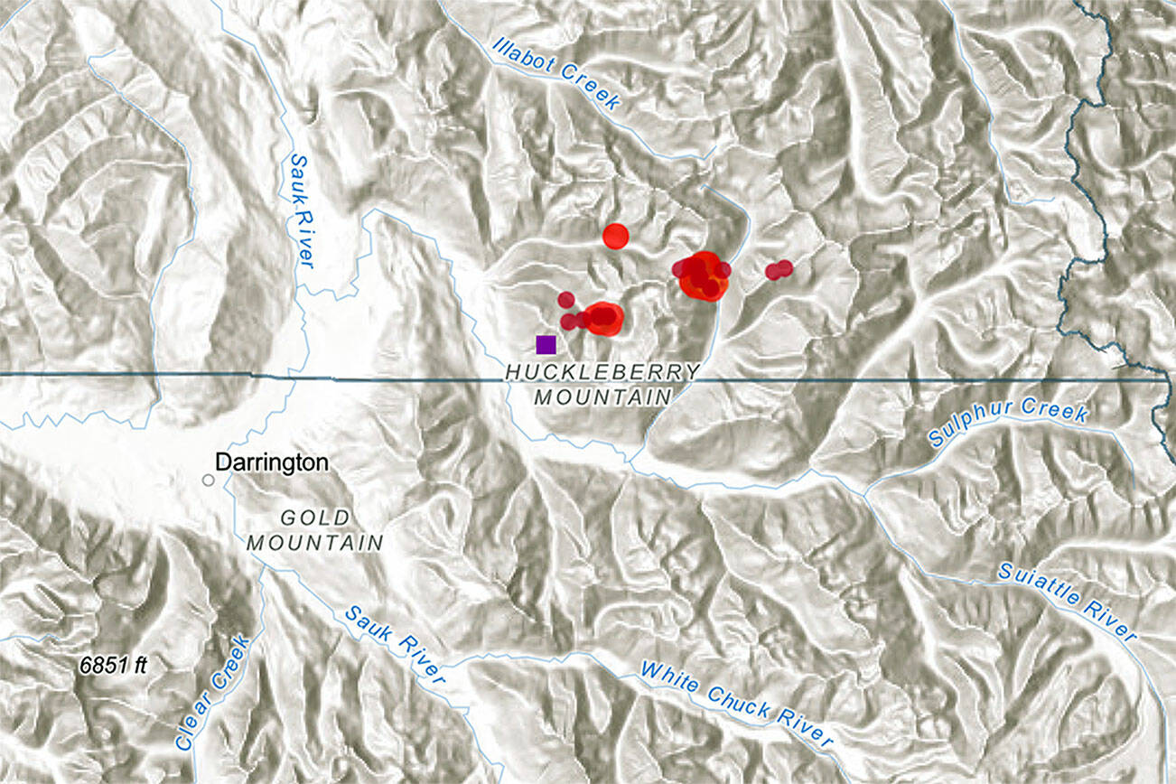 The map shows the location of three wildfires burning in remote forested areas northeast of Darrington. (Washington State Department of Natural Resources)