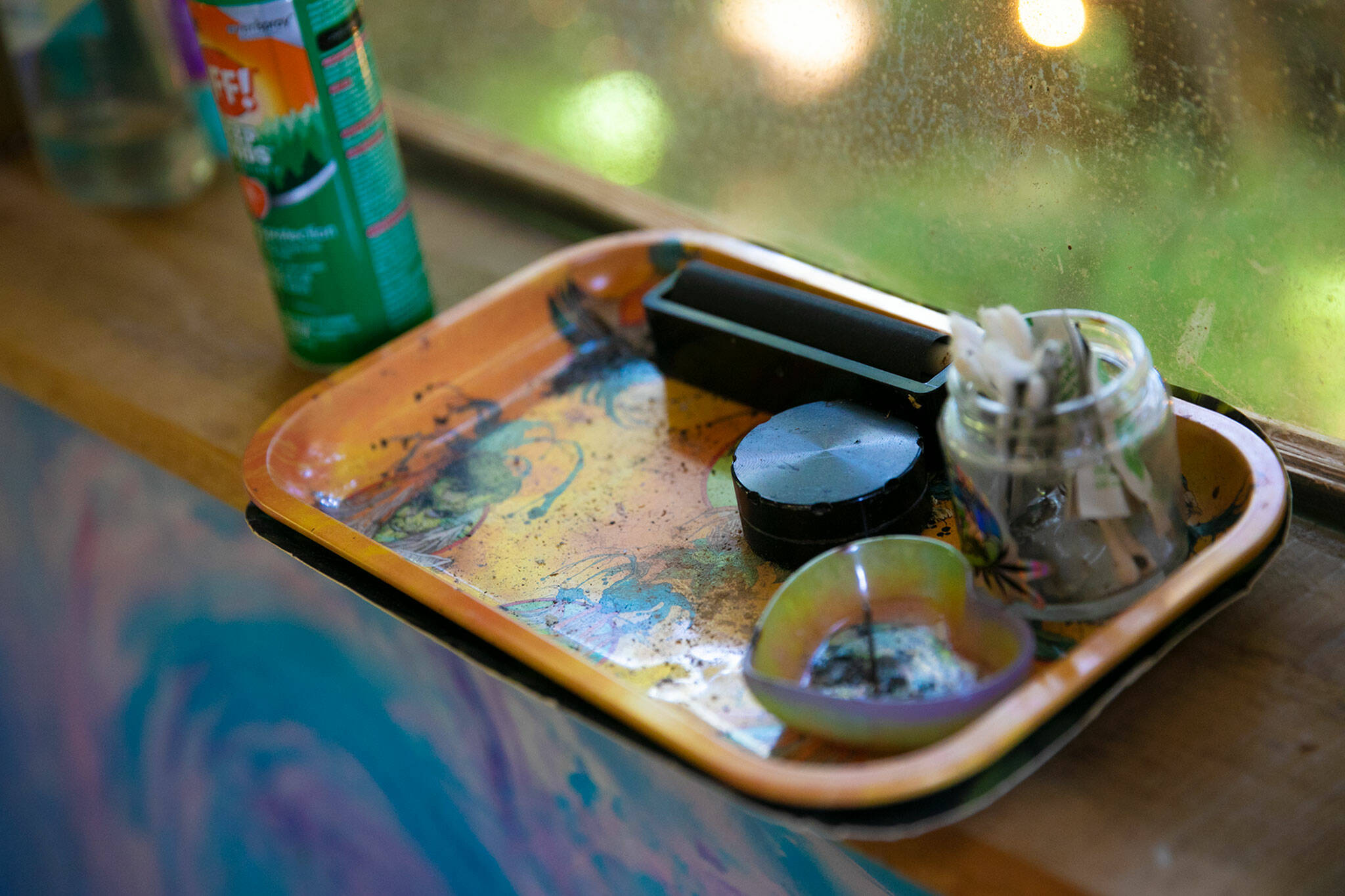 A rolling tray and other marijuana paraphernalia sit at the ready in one of the treehouses. (Ryan Berry / The Herald)