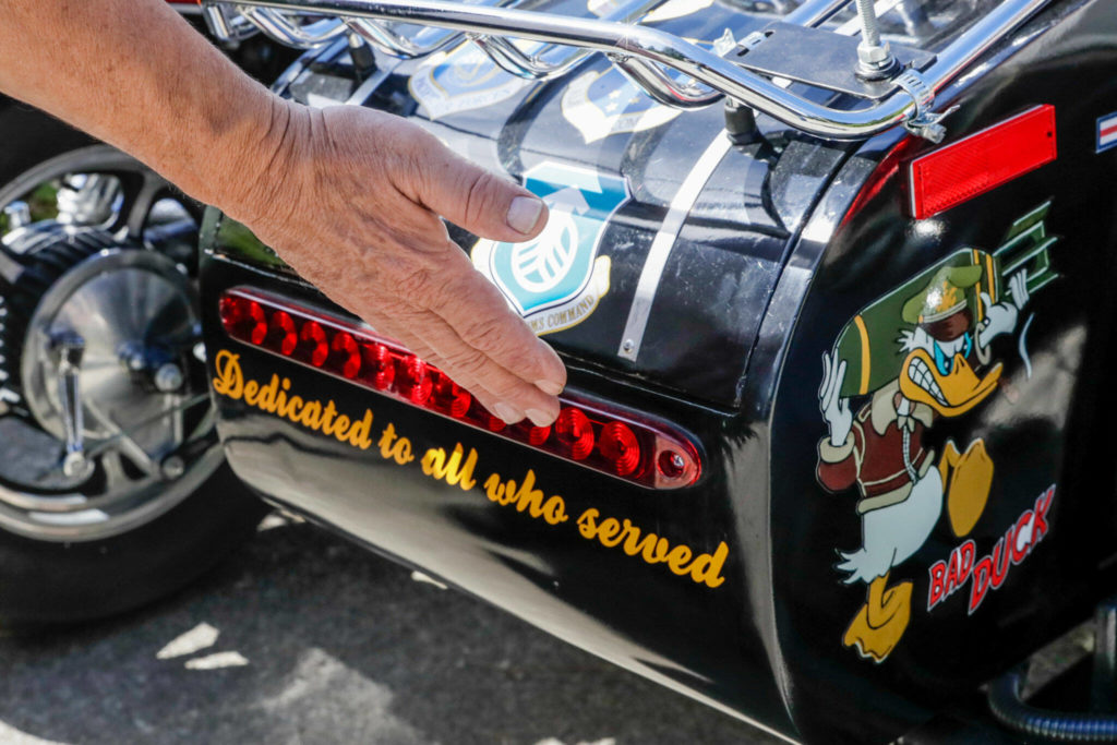 Walt Jackson installed custom lights on a rare sidecar. Photographed Aug. 16, in Granite Falls. (Kevin Clark / The Herald)
