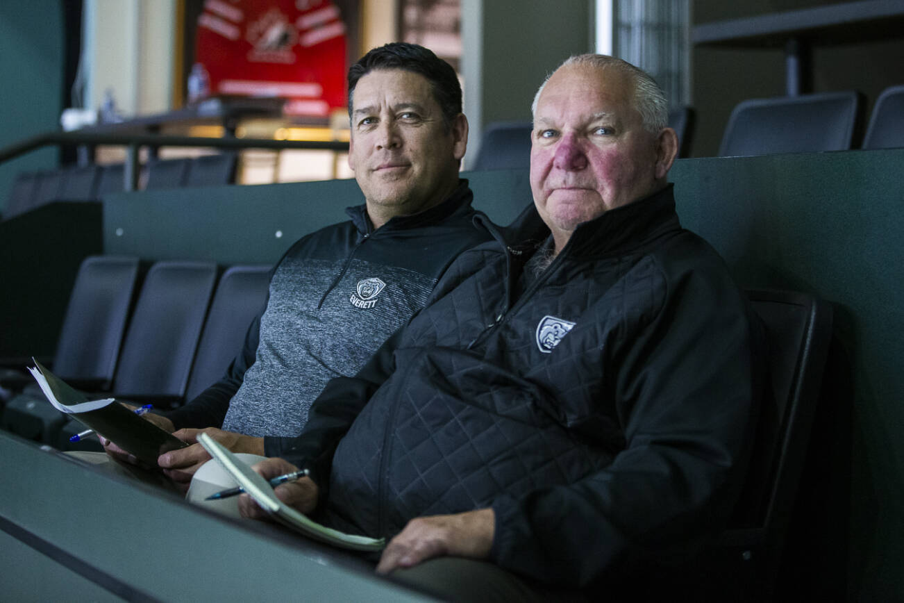 Doug Sinclair, left, and Garry Ryhorchuk at Silvertips training camp on Thursday, Sept. 1, 2022 in Everett, Washington. (Olivia Vanni / The Herald)